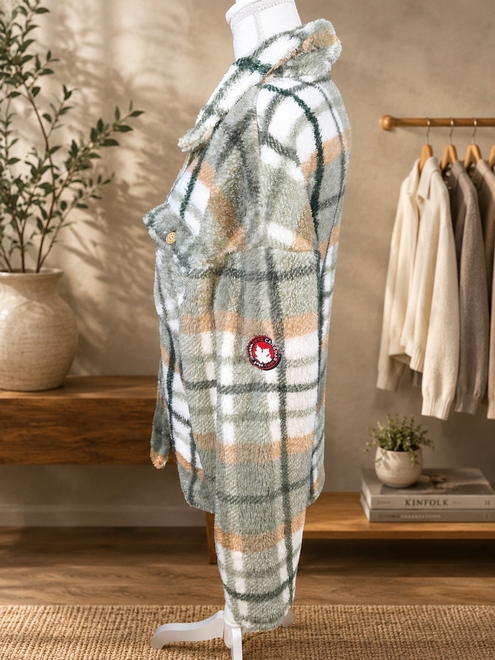 Canada Weather Gear Women's Plaid Teddy Shacket - Sage & Cream - Picture 5 of 7